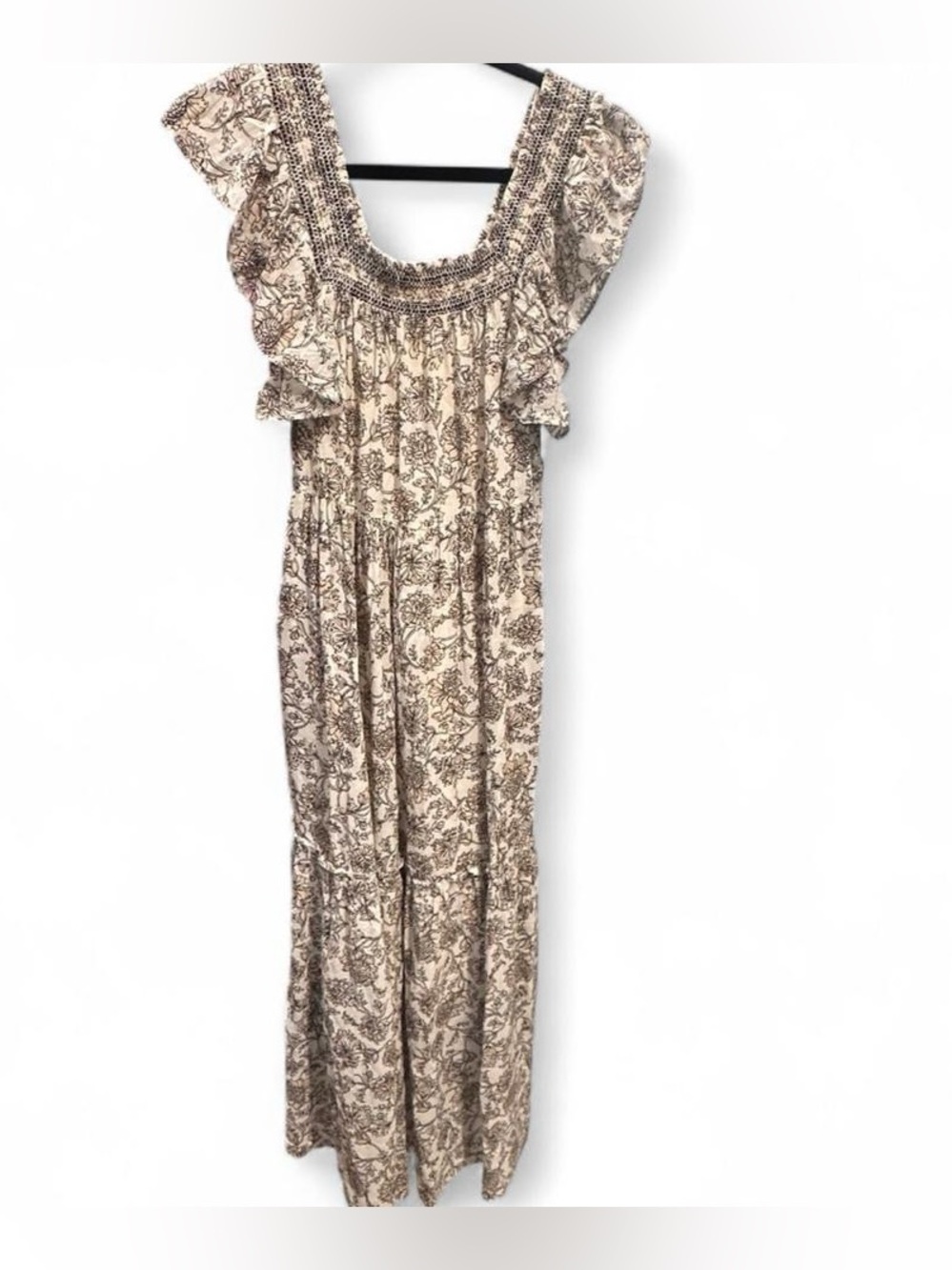 Floral Smocked Maxi Dress in Cream and Brown